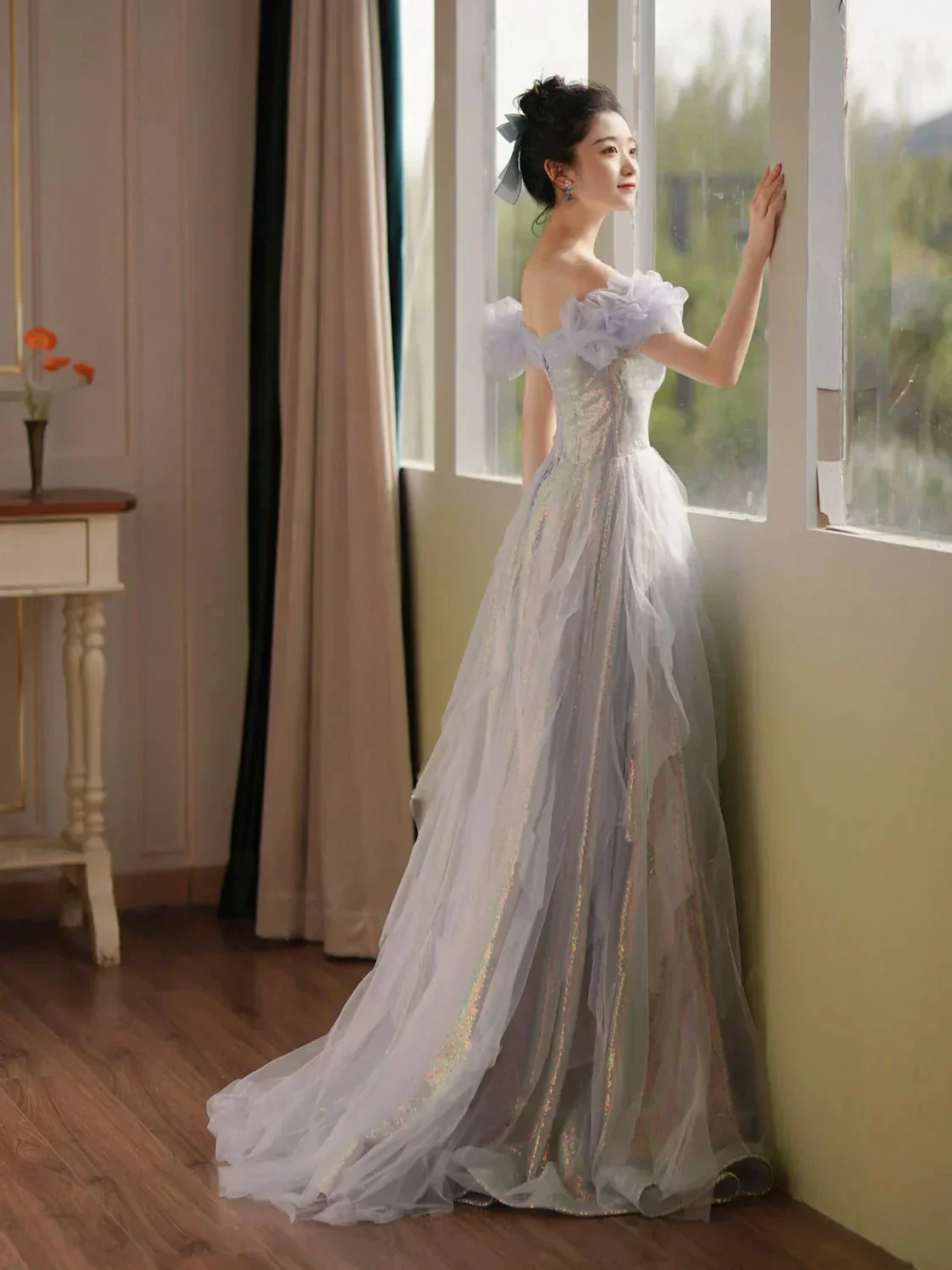 Purple Off Shoulder Sequin Tulle Long Prom Dress Purple Formal Evening Dresses Y4659 - Image 3