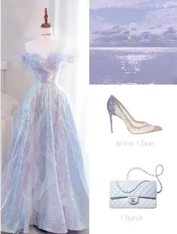 Purple Off Shoulder Sequin Tulle Long Prom Dress Purple Formal Evening Dresses Y4659 - Image 4