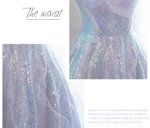 Purple Off Shoulder Sequin Tulle Long Prom Dress Purple Formal Evening Dresses Y4659 - Image 5