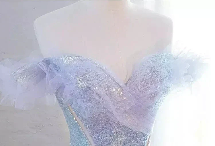 Purple Off Shoulder Sequin Tulle Long Prom Dress Purple Formal Evening Dresses Y4659 - Image 6