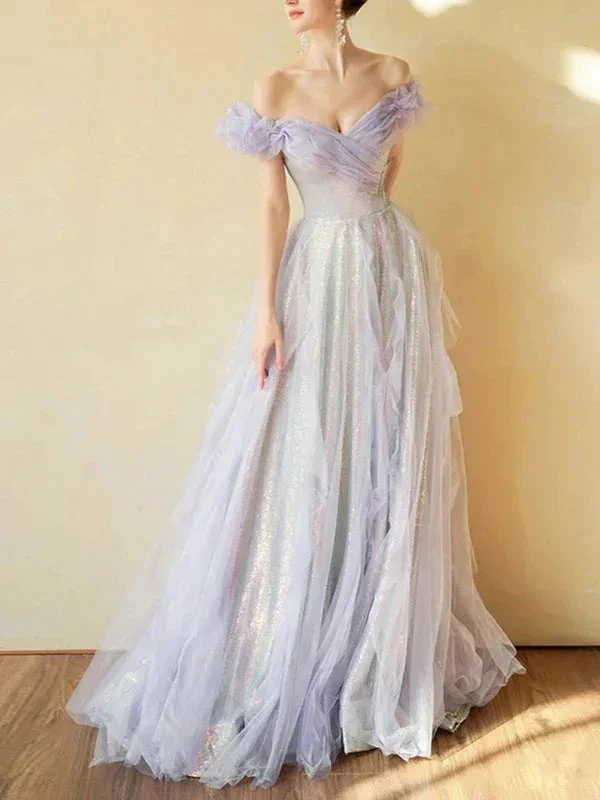 Purple Off Shoulder Sequin Tulle Long Prom Dress Purple Formal Evening Dresses Y4659 - Image 7