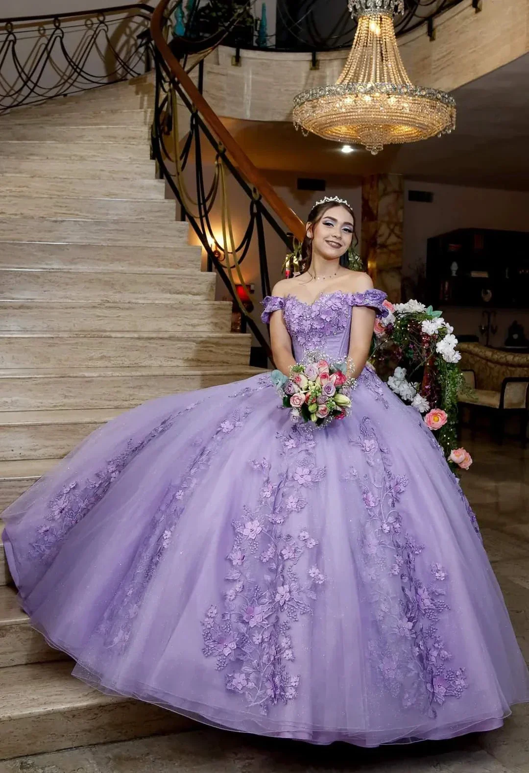 Purple Off The Shoulder Tulle Appliques Ball Gown,Sweet 16 Dress Y5472 - Image 2