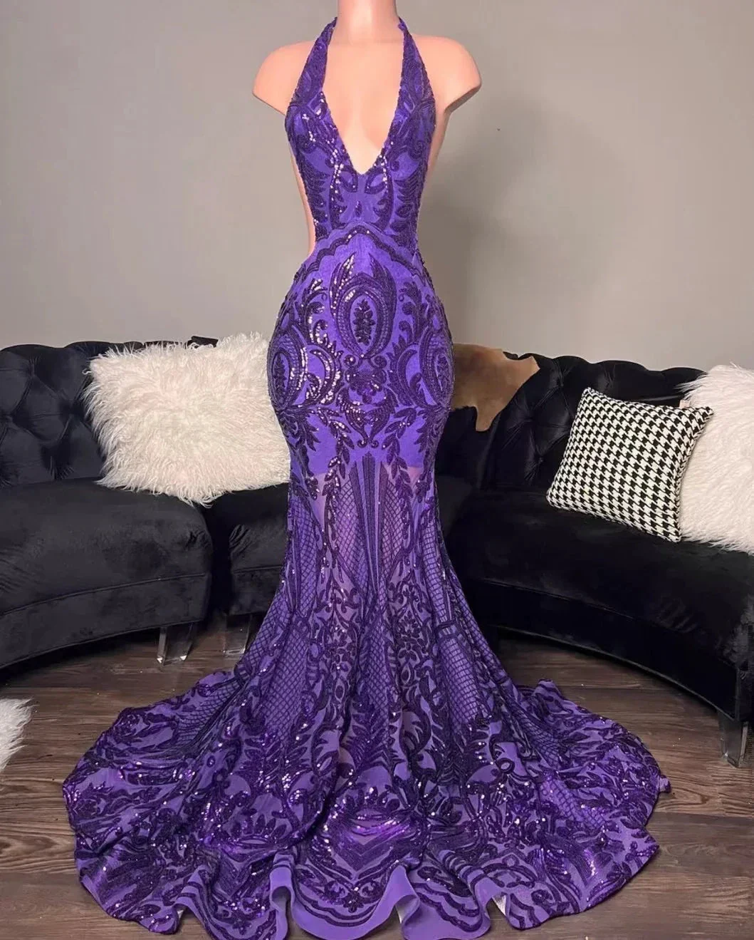 purple prom dresses, mermaid prom dresses, custom make evening dresses, fashion prom dresses, halter prom dresses, sparkly formal dresses  Y1455 - Image 2