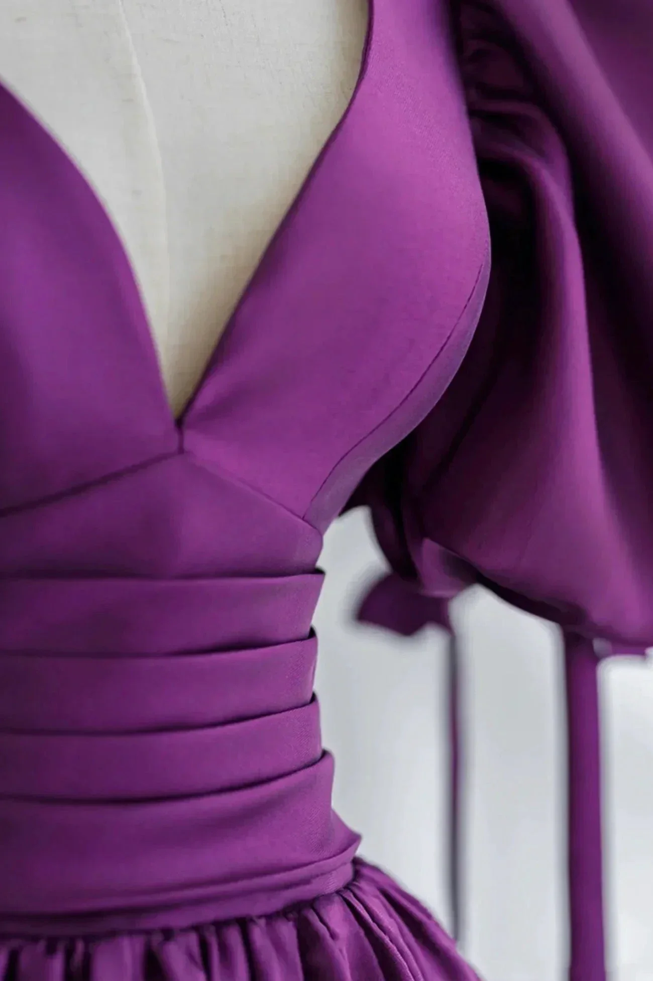 Purple Puff Sleeves Satin Long Prom Dress V-Neck Evening Dress Y856 - Image 2
