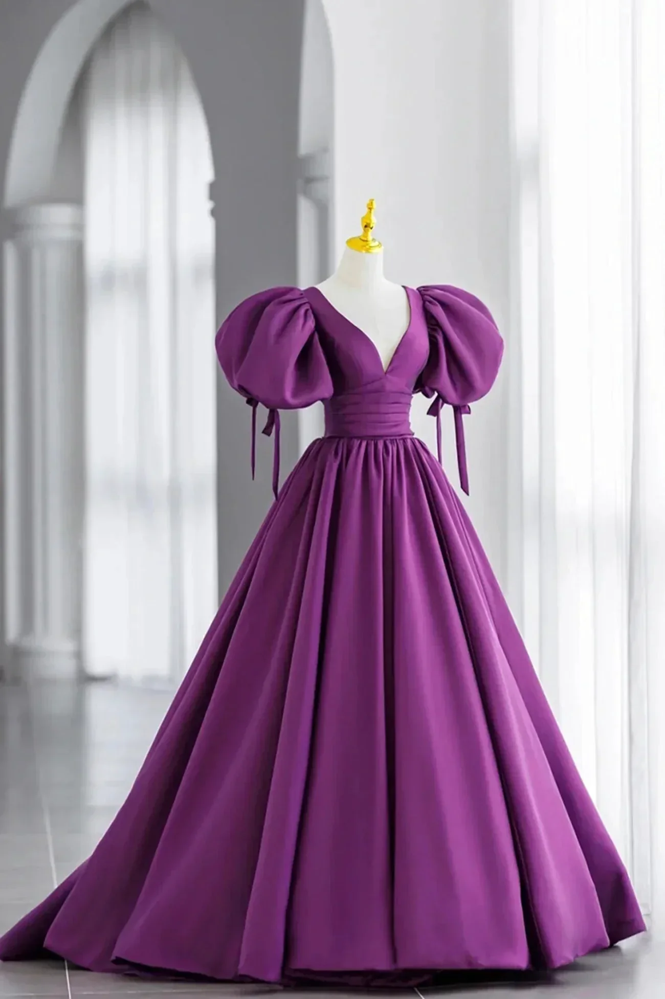 Purple Puff Sleeves Satin Long Prom Dress V-Neck Evening Dress Y856 - Image 3