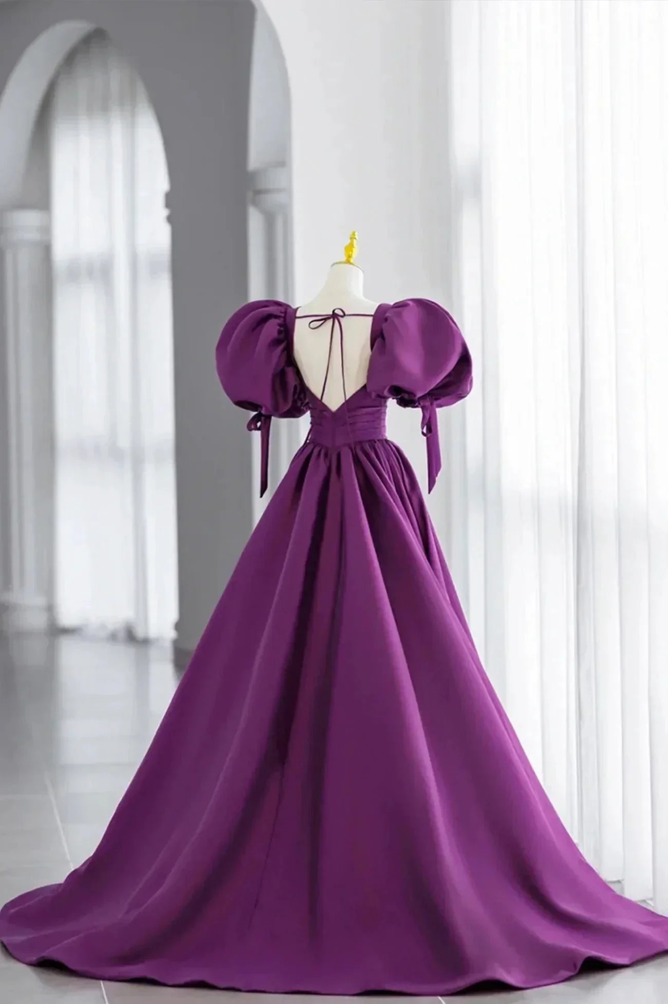 Purple Puff Sleeves Satin Long Prom Dress V-Neck Evening Dress Y856 - Image 4