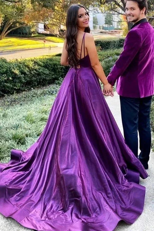 Purple Satin A-line Backless Long Prom Dress With Slit PSK521 - Image 2