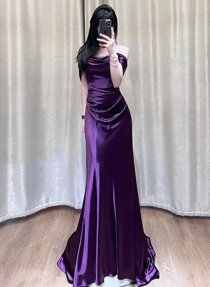 Purple Satin Off Shoulder Long Evening Dress Satin Prom Dress Y7440 - Image 2