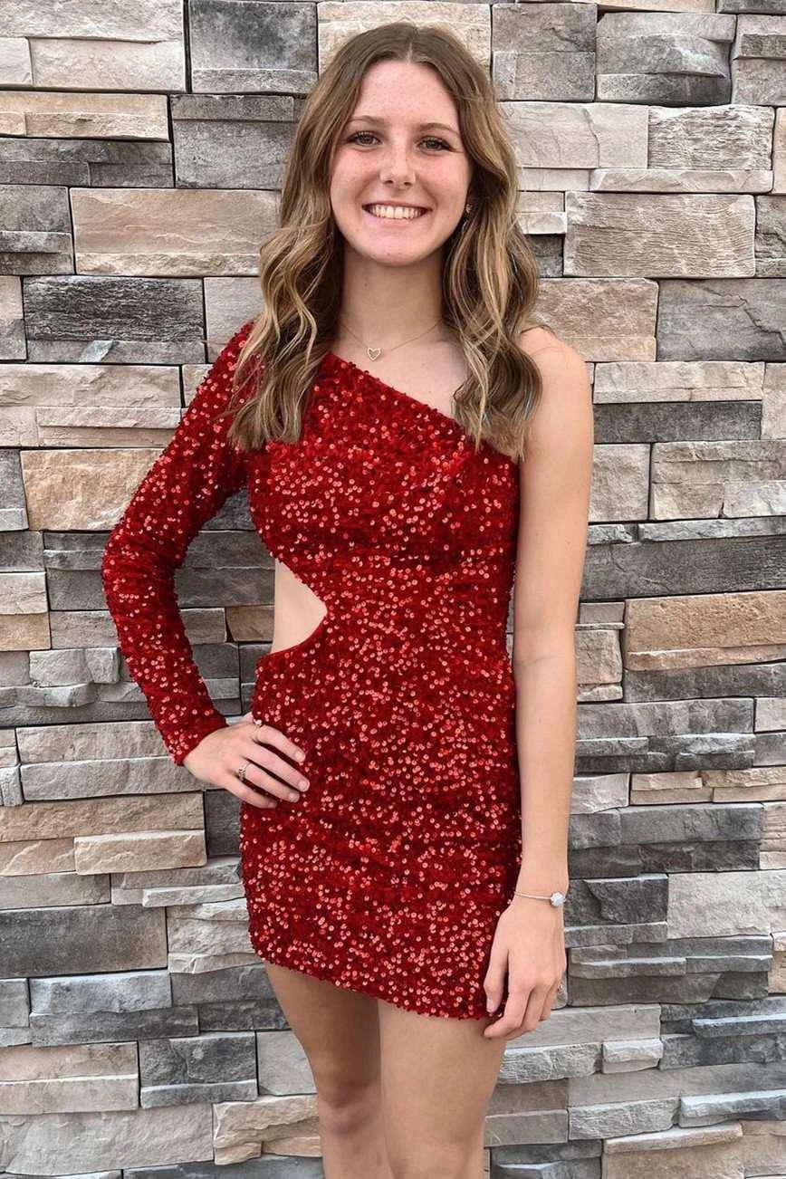 Purple Sequin One-Sleeve Cutout Short Homecoming Dress - Image 5