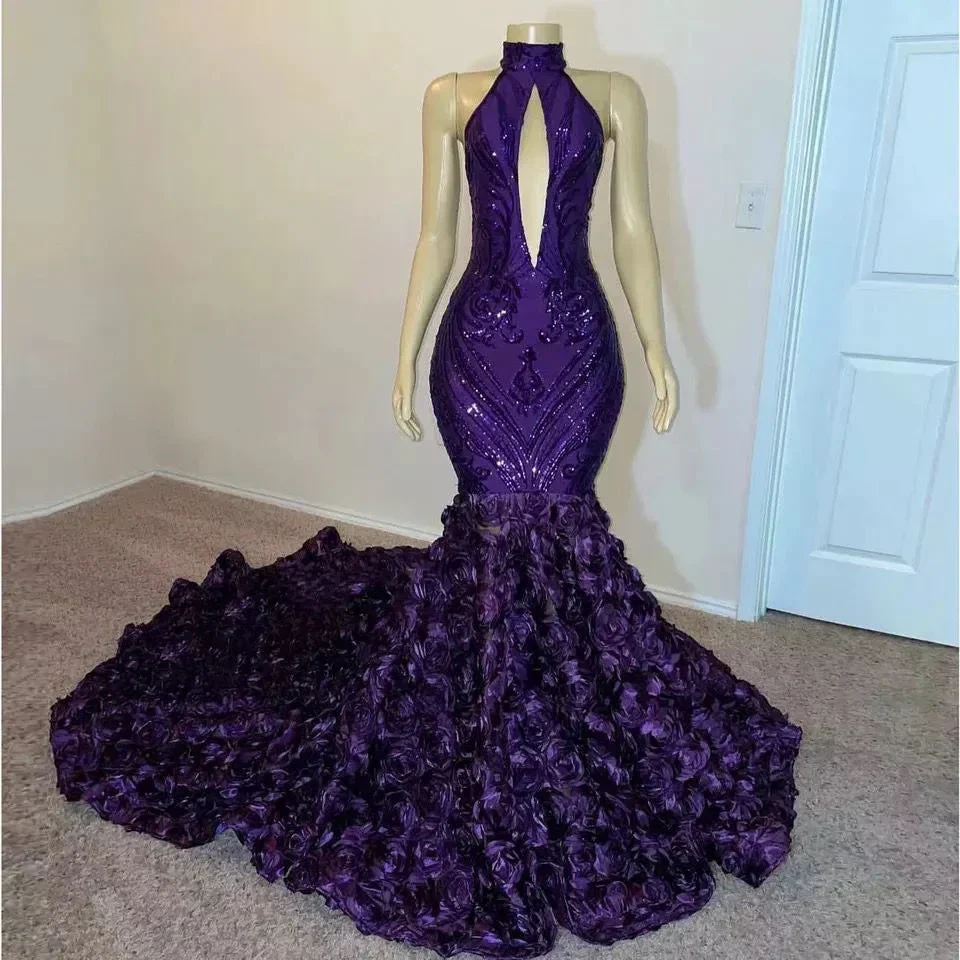 Purple Sequin Prom Dresses Mermaid Luxury for Black Girl High Neck with Flowers Women Evening Gowns for Wedding Gala Dress Y1846 - Image 2