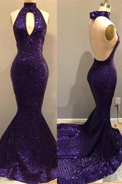 Purple Sequins Sexy Open Back Prom Dresses | Mermaid Keyhole Evening Gowns Y1529 - Image 2