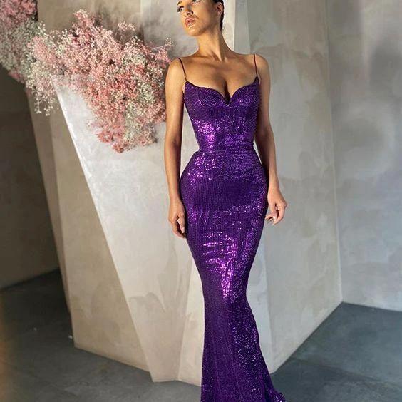 Purple Spaghetti Straps Sequin Long Evening Dresses Y994 - Image 2