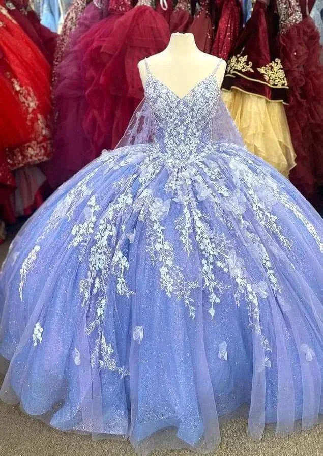 Purple Spaghetti Straps V Neck Ball Gown with Appliques,Sweet 16 Dress,Quinceanera Dress,Y2456 - Image 2