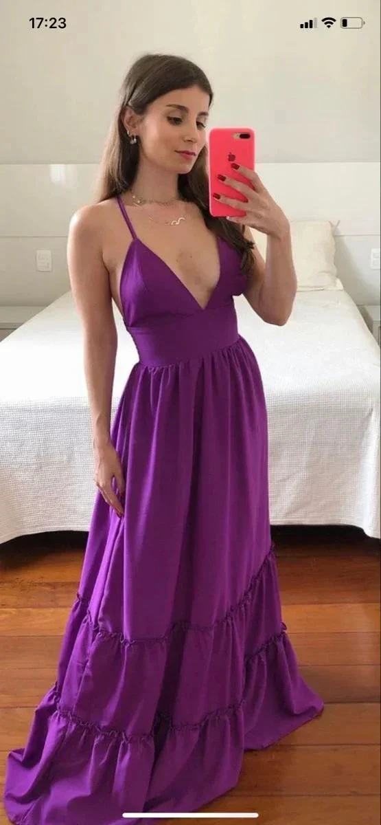 Purple Spaghetti Straps V Neck Prom Dress,Simple Purple Evening Dress  Y2349 - Image 2