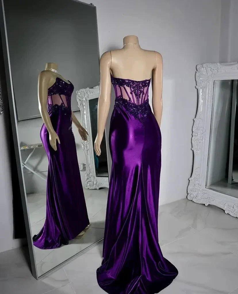 Purple Strapless Satin Lace Appliques Prom Party Dress Mermaid Sexy Split Evening Dress Y8121 - Image 2