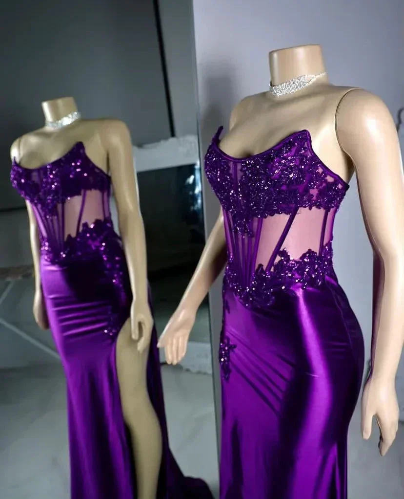 Purple Strapless Satin Lace Appliques Prom Party Dress Mermaid Sexy Split Evening Dress Y8121 - Image 3
