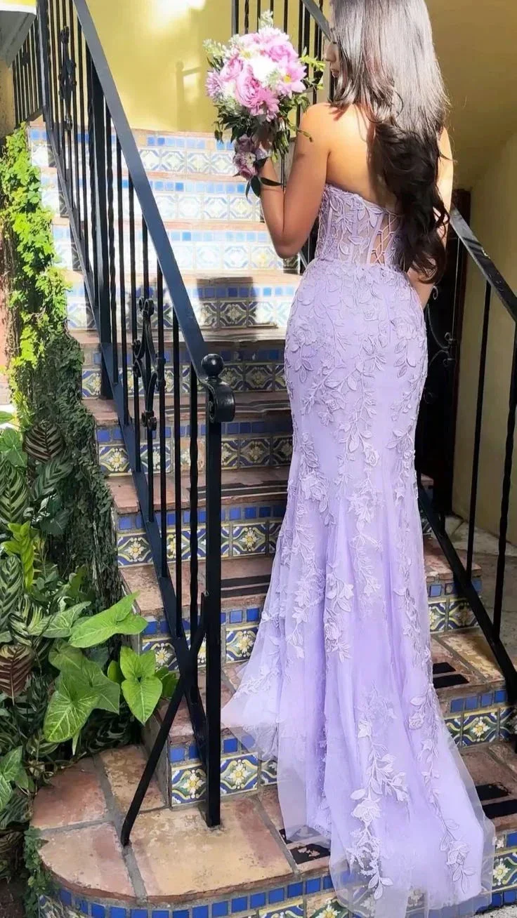 Purple Strapless Tulle Lace Appliques Evening Dress Mermaid Prom Dress Y7910 - Image 2