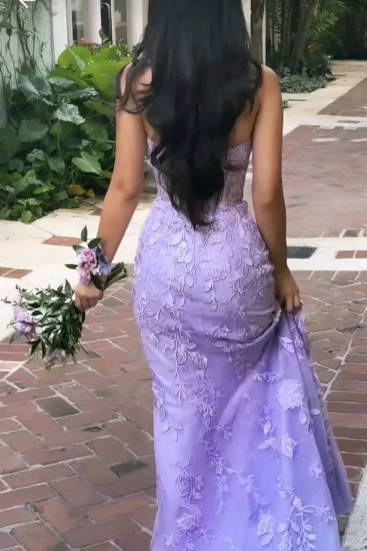 Purple Strapless Tulle Lace Appliques Evening Dress Mermaid Prom Dress Y7910 - Image 3