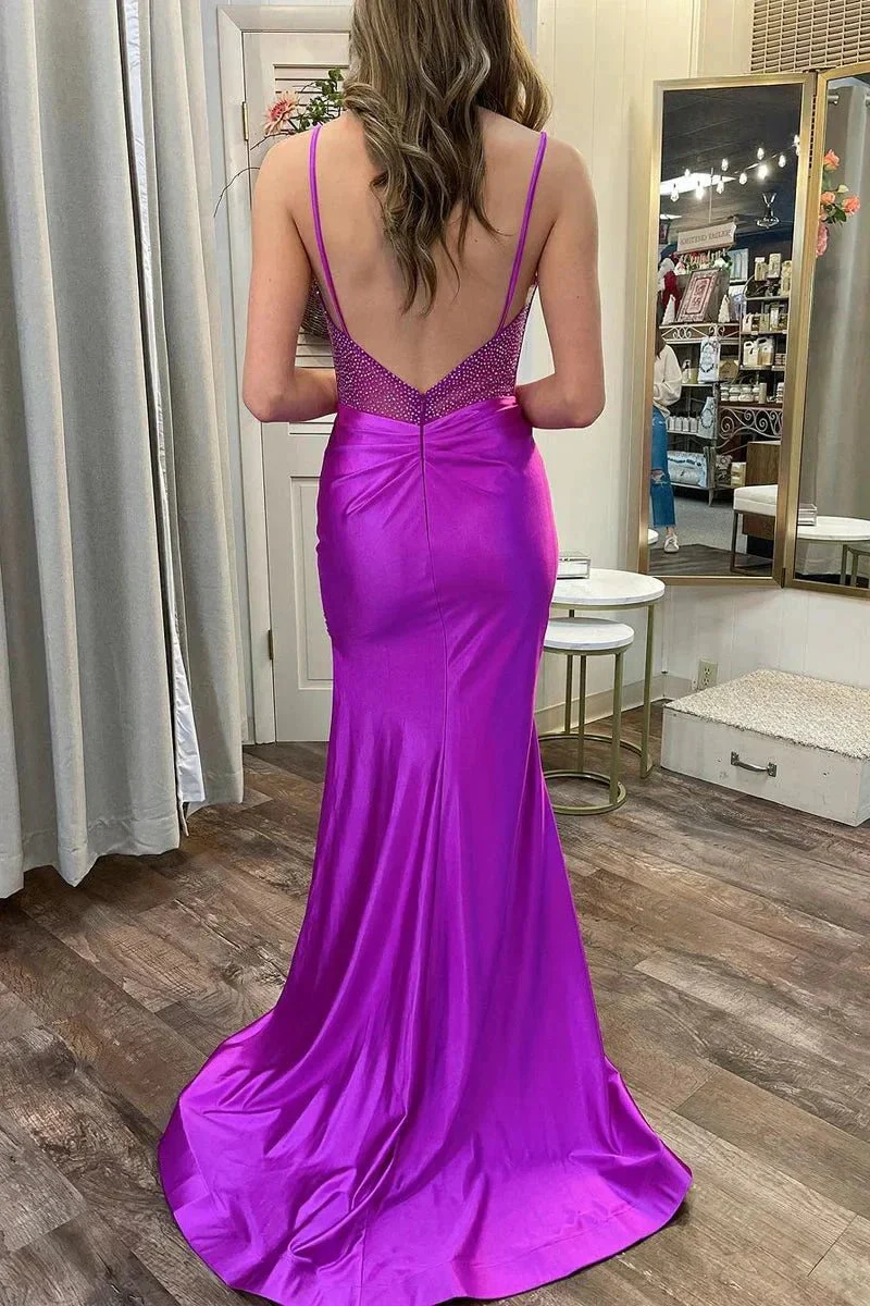 Olive | Purple Sweetheart Satin Mermaid Long Prom Dresses with Slit - Image 2
