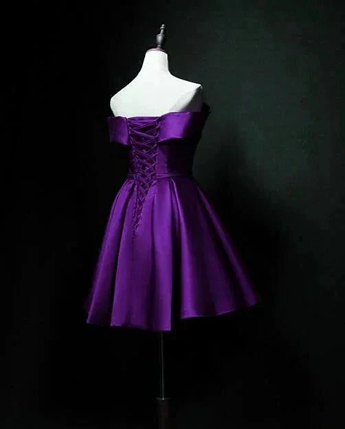 Purple Sweetheart Satin Off Shoulder Homecoming Dresses Y855 - Image 2