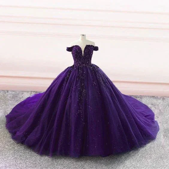 Purple tulle ball gown off the shoulder wedding dresses Y4310 - Image 2