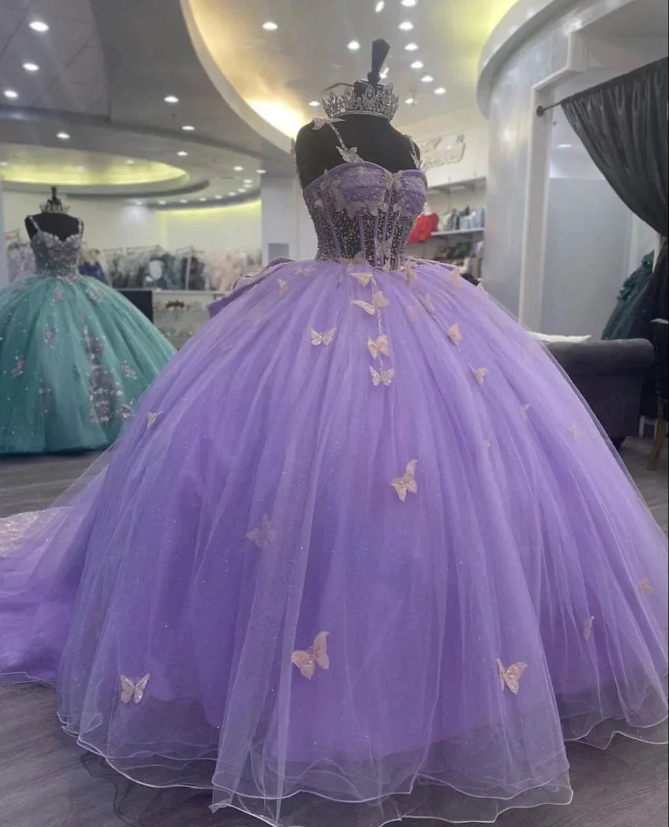 Purple Tulle Ball Gown With Butterflies,Sweet 16 Dress,Purple Princess Dress Y2270 - Image 2