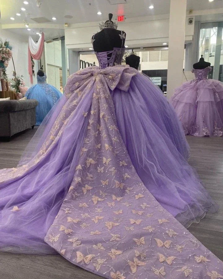 Purple Tulle Ball Gown With Butterflies,Sweet 16 Dress,Purple Princess Dress Y2270 - Image 4