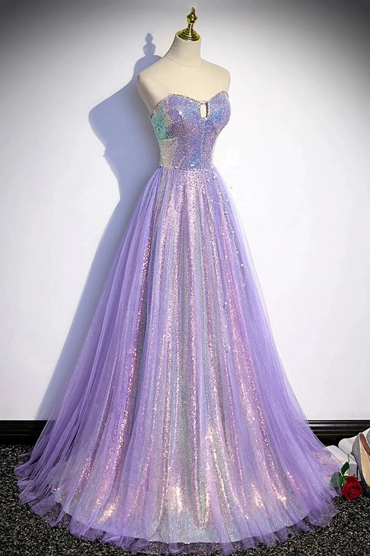 Purple tulle sequins long prom dress evening dress s84 - Image 2