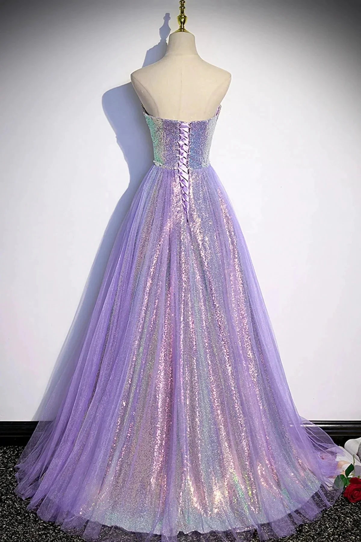 Purple tulle sequins long prom dress evening dress s84 - Image 4
