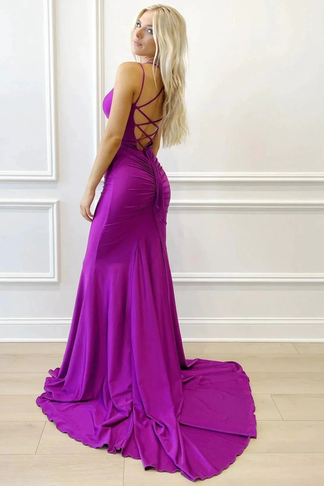 Purple V-Neck Lace-Up Mermaid Long Formal Dress - Image 3