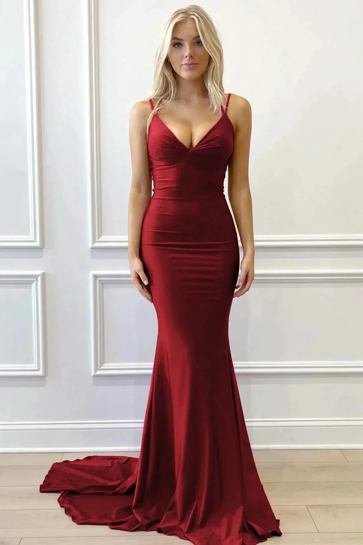 Purple V-Neck Lace-Up Mermaid Long Formal Dress - Image 4