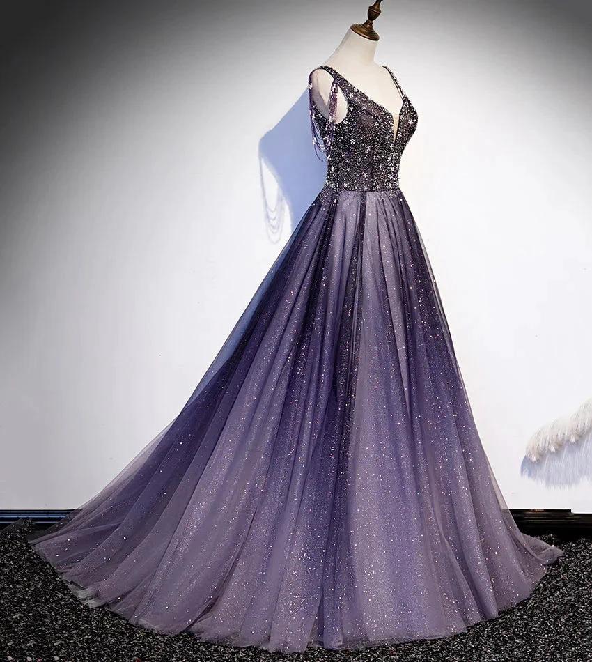Purple v neck tulle beads long prom dress evening dress s104 - Image 2