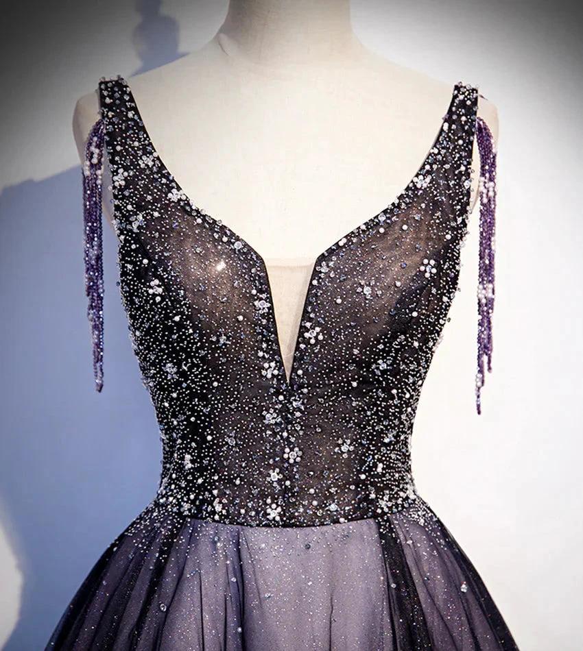 Purple v neck tulle beads long prom dress evening dress s104 - Image 3