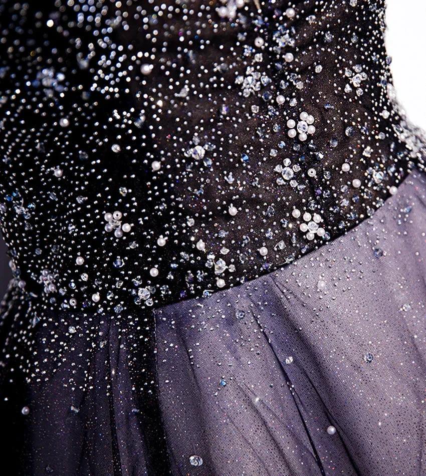 Purple v neck tulle beads long prom dress evening dress s104 - Image 4