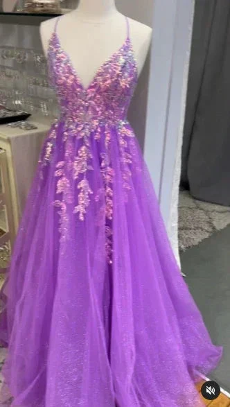 Purple V Neck Tulle Lace Appliques Long Prom Dress High Slit Evening Dress Y7847 - Image 3