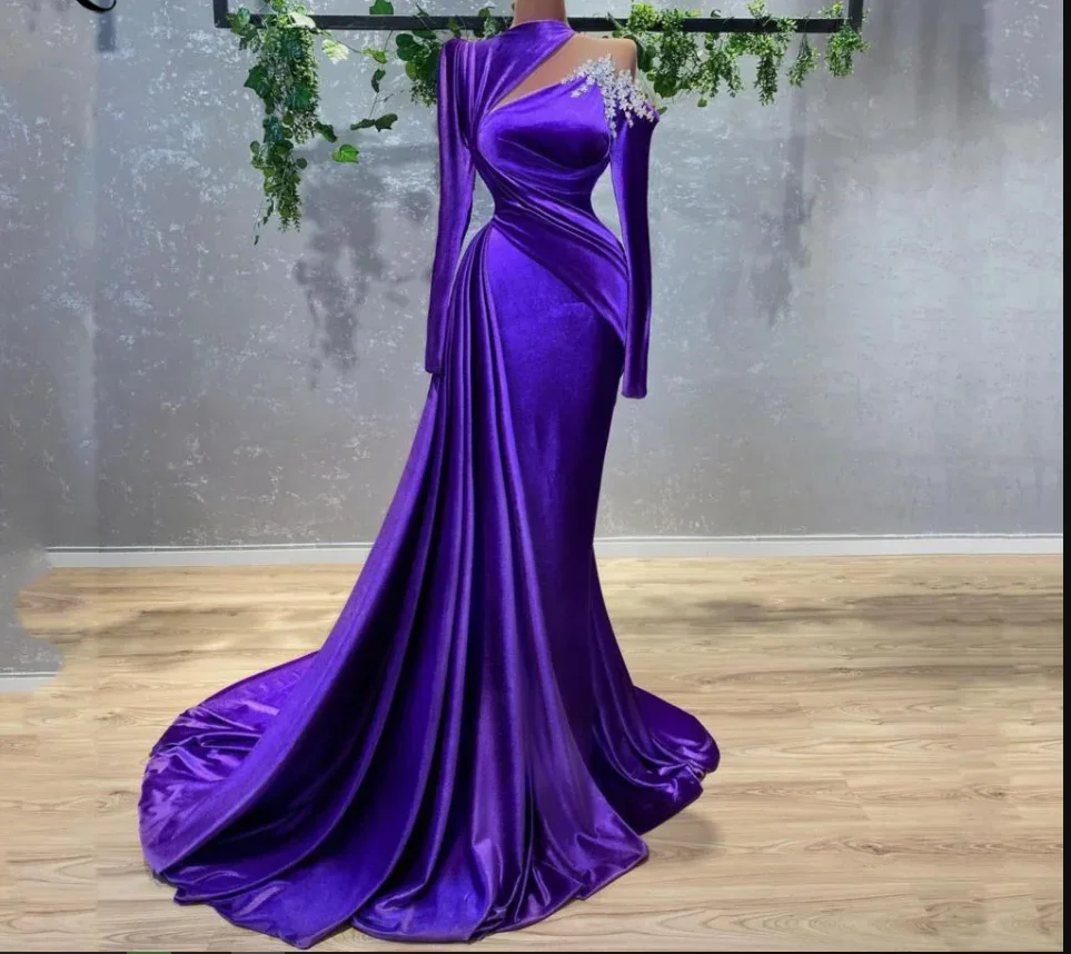 Purple Velvet Long Sleeve Evening Dress Arabic Style Cut Out Party Dress Women Dresses Y4933 - Image 2