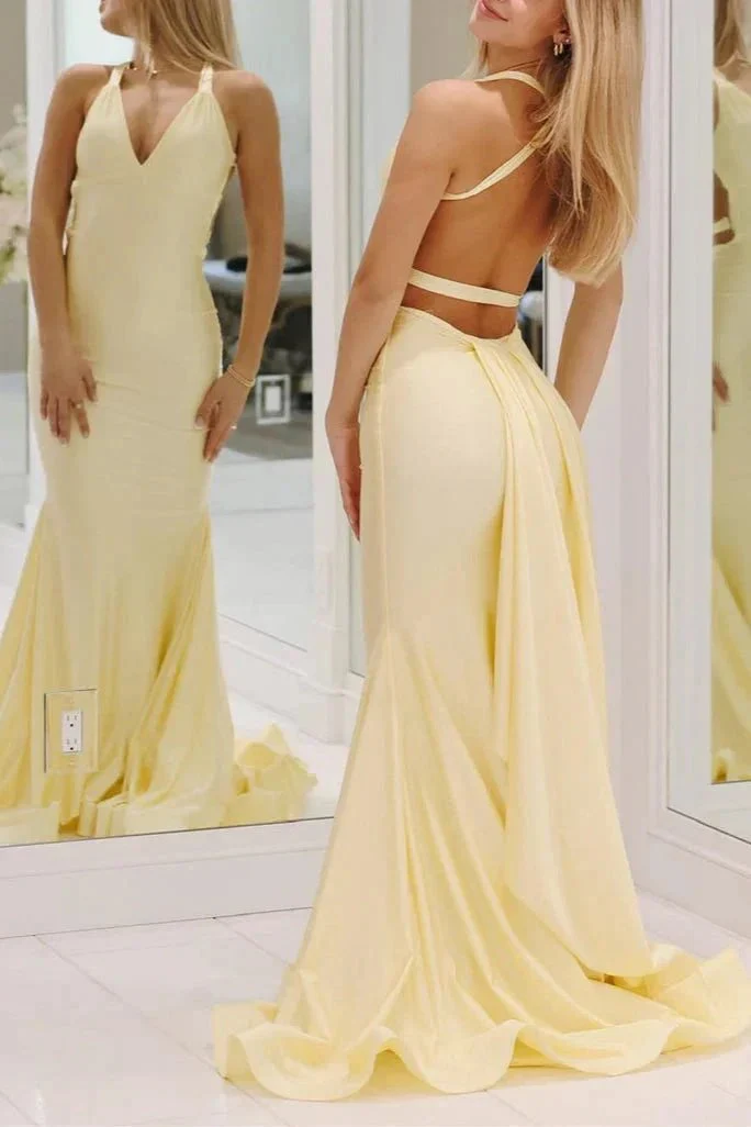 Quaylee | Yellow Mermaid V-Neck Satin Prom Dresses With Tail Evening Dress - Image 2