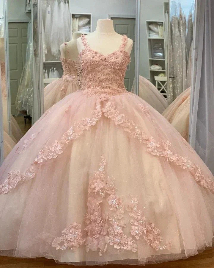 Quinceanera Sweet Tulle Ball Gown 16 Lace Pink Party Flower Sparkly Prom Dress Y3027 - Image 2