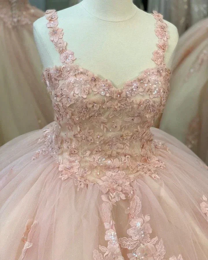Quinceanera Sweet Tulle Ball Gown 16 Lace Pink Party Flower Sparkly Prom Dress Y3027 - Image 3