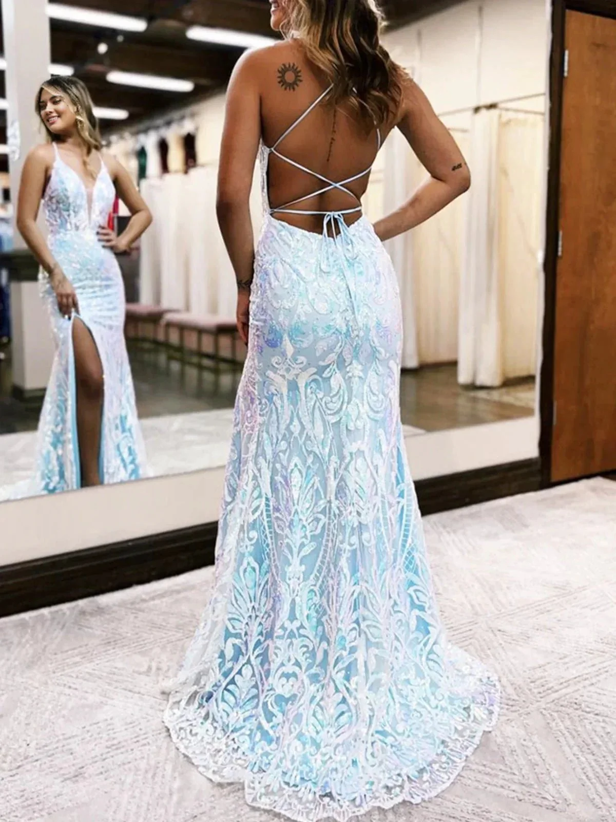 Raddix | Mermaid Deep V Neck Blue Sequins Lace Long Prom Dresses with Slit - Image 2