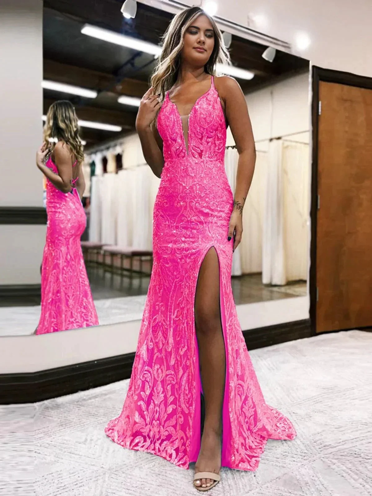 Raddix | Mermaid Deep V Neck Blue Sequins Lace Long Prom Dresses with Slit - Image 4