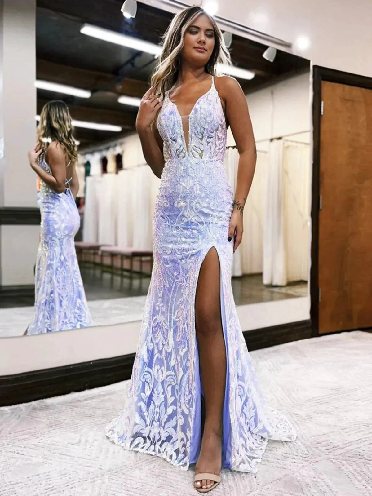 Raddix | Mermaid Deep V Neck Blue Sequins Lace Long Prom Dresses with Slit - Image 5