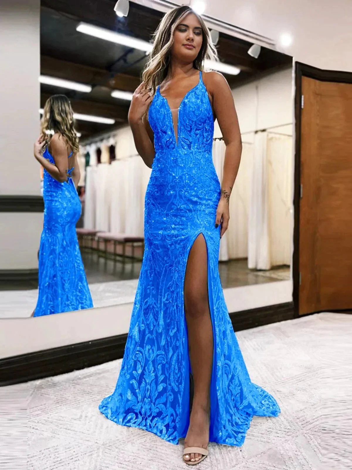 Raddix | Mermaid Deep V Neck Blue Sequins Lace Long Prom Dresses with Slit - Image 6