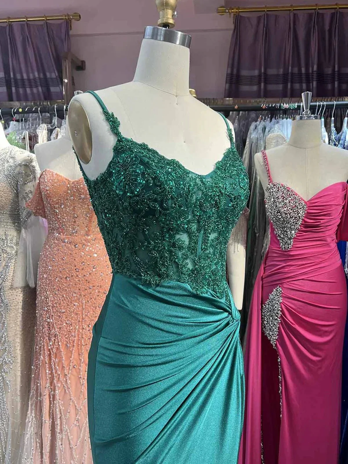Rafenild | Green V Neck Beading Satin Long Slit Prom Dresses - Image 5