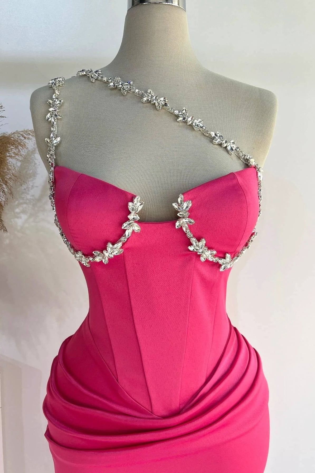 Raina | Hot Pink One Shoulder Rhinestones Pleated Long Prom Dresses - Image 2