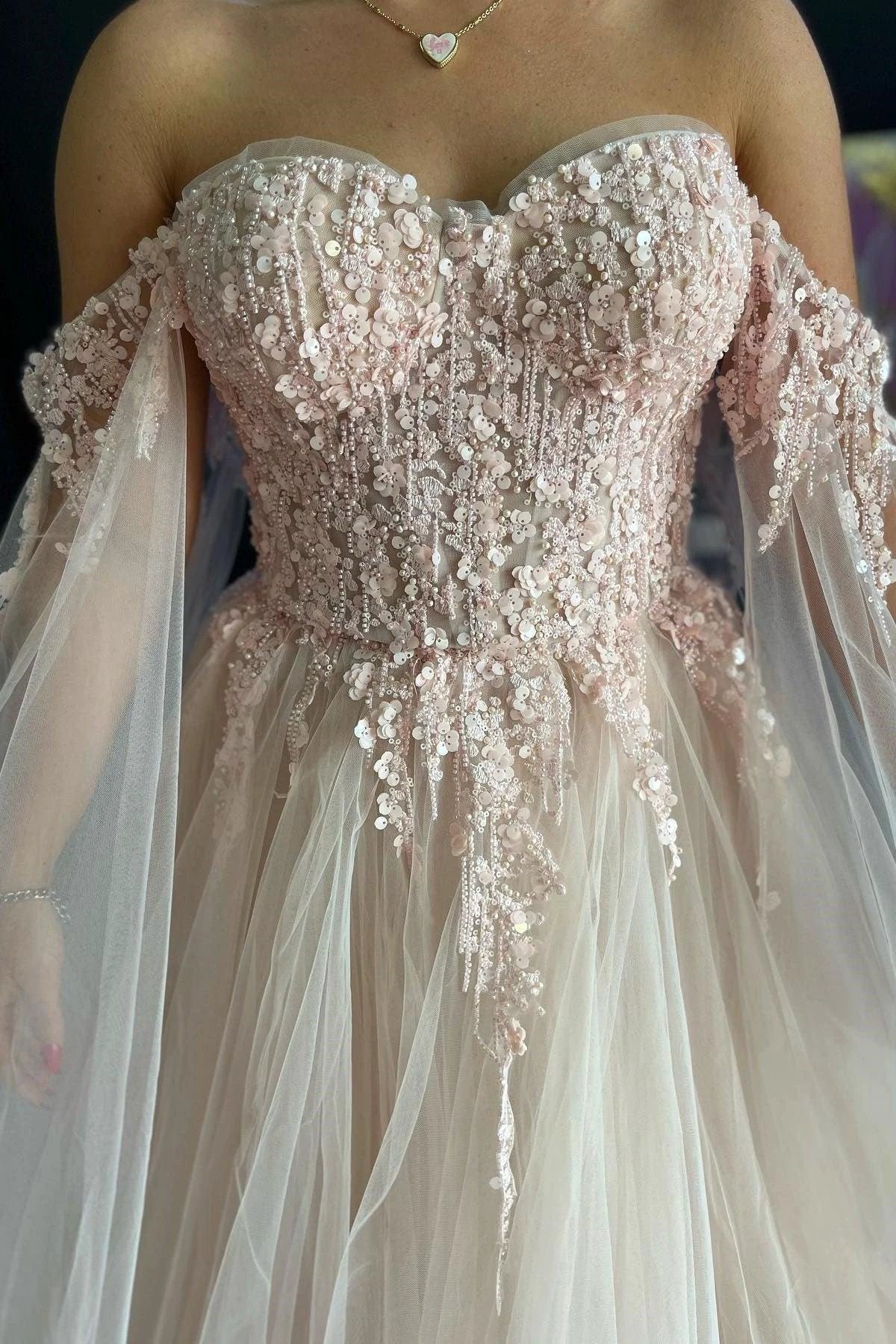 Ralap | Blush Pink 3D Floral Lace Off-the-Shoulder Ball Gown - Image 2