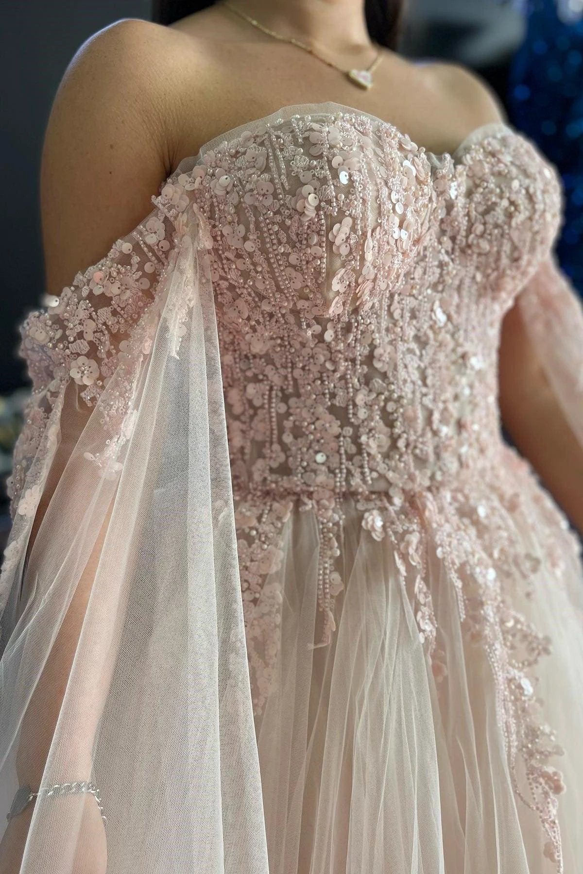 Ralap | Blush Pink 3D Floral Lace Off-the-Shoulder Ball Gown - Image 3