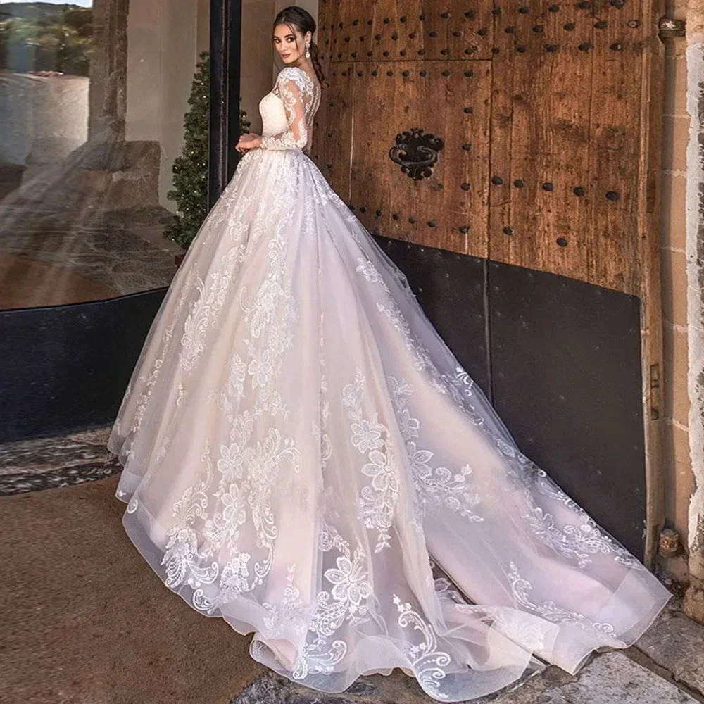 Ramanda Exquisite Lace Appliques Ball Gown Long Sleeves Wedding Dress For Bride Buttons Illusion Back Court Train Bridal Gown - Image 3