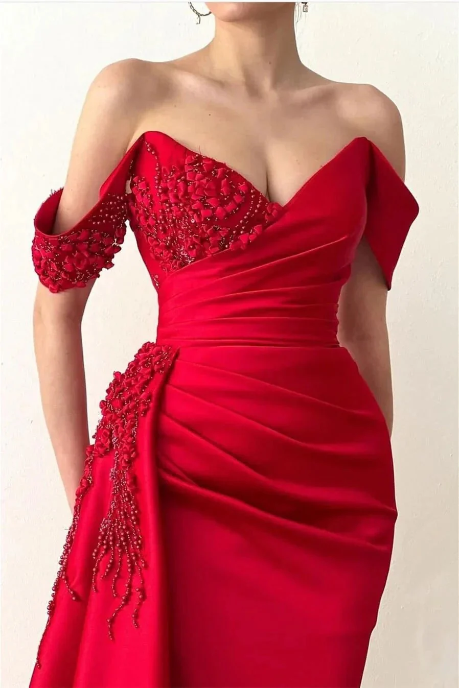 Ravishing Red Mermaid Prom Gown with Beaded Details and Flirty Off-Shoulder Style - Image 2