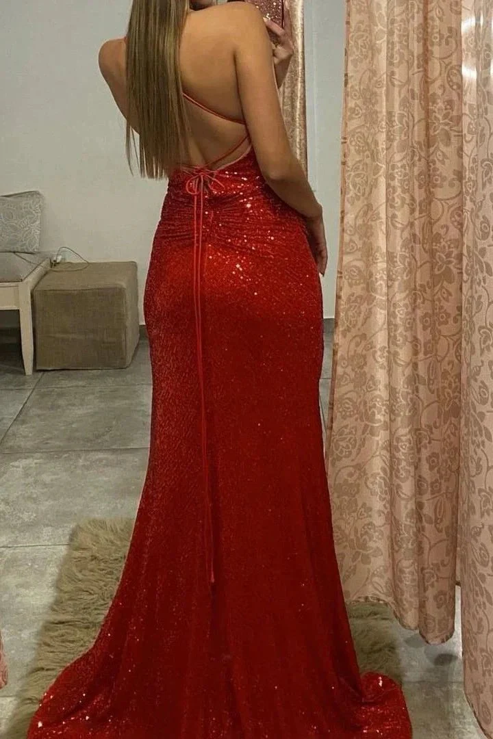Ravishing Red Sequin Split Evening Gown with Spaghetti Straps - Image 2